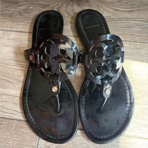 Tory Burch Black Patent Leather Logo Thong Sandals